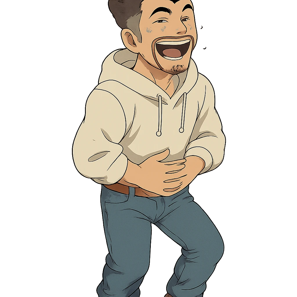 1 male, mid fade haircut dark chestnut brown curly hair, toasted lightskin, white hoodie sleeves up, fashion jeans, red fashion-sneakers shoes, red belt, short trimmed beard and goatee,  style of deku from "my hero academia", laaughing to the point of tears emoji