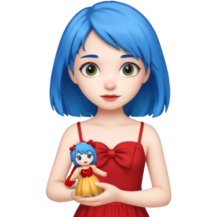 blue haired red wearing girl with small toy emoji