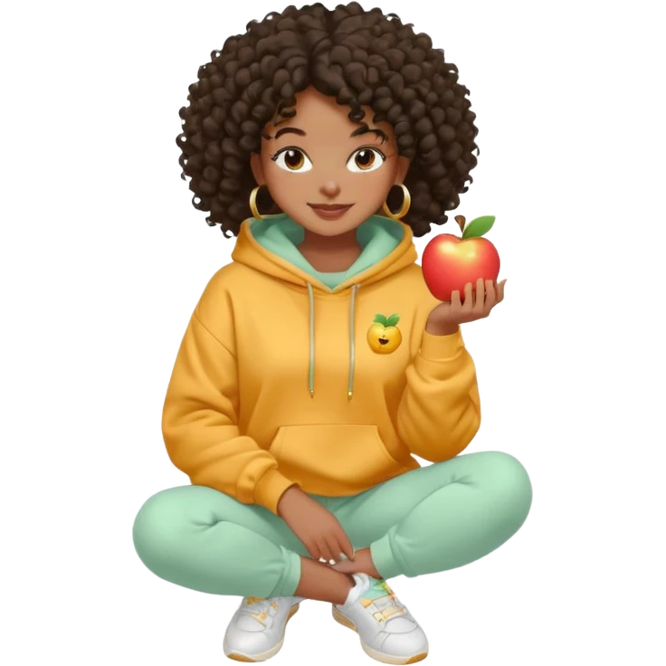 Black girl, clean girl aesthetic, 4C curly hair in a puff, pastel hoodie, white sneakers, minimal jewelry, soft smile, cozy vibe, bright colors, Apple-style emoji fazendo skincare  emoji