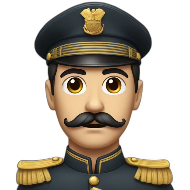 distinctive mustache, short dark hair, and a stern facial expression. He had a small, moustache above his upper lip and was often depicted wearing military  emoji
