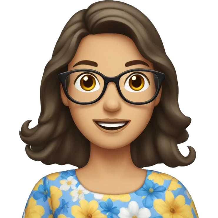 brunette lady in flowery dress wearing glasses and waving  emoji