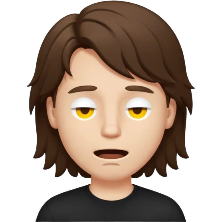front emoji of a white boy with large brown hair, semi-closed eyes, wide open mouth, black shirt, minimalistic emoji style, bold shapes emoji