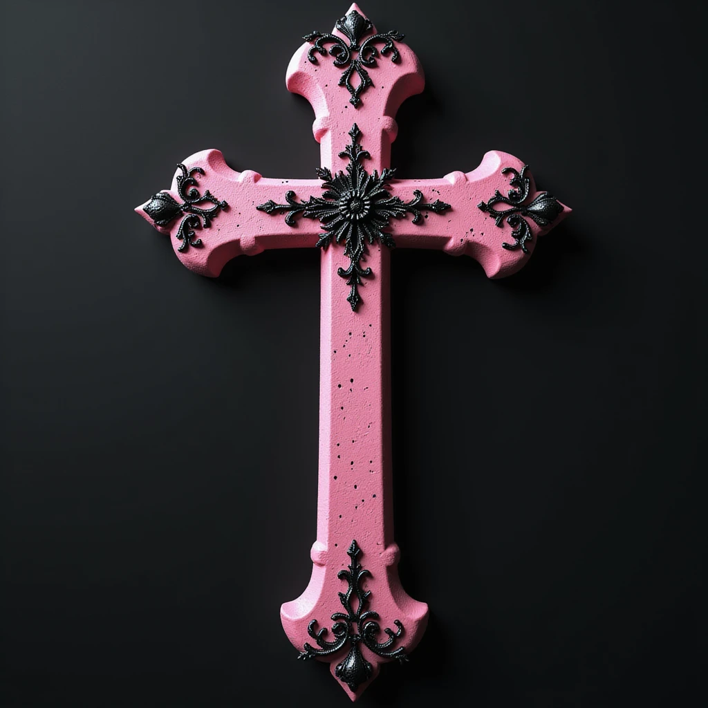 realistic gothic cross, pink with black lace, photorealistic style emoji