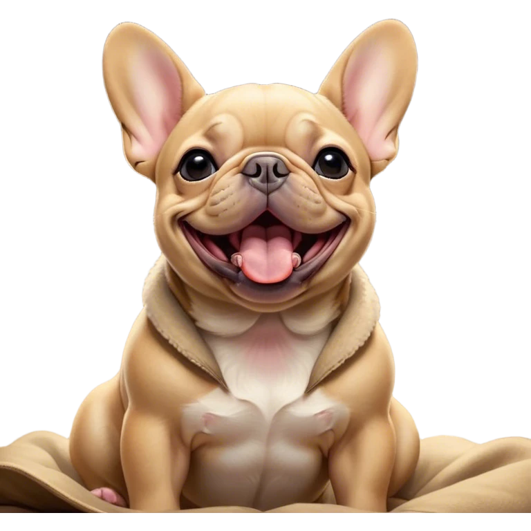 Cinematic Cute Yawning Fawn French Bulldog Portrait Emoji, Head tilted slightly with a dramatic, wide-open yawn, showcasing a sleek fawn coat with a refined texture, floppy ears slightly drooping, round dark eyes barely open in drowsy contentment, Simplified yet irresistibly adorable features, highly detailed, glowing with a soft, cozy glow, high shine, relaxed yet expressive, stylized with a touch of whimsy, bright and endearing, soft glowing outline, capturing the essence of a sleepy yet affectionate companion, so drowsy it feels like it could stretch out of the screen and curl up for a nap! emoji