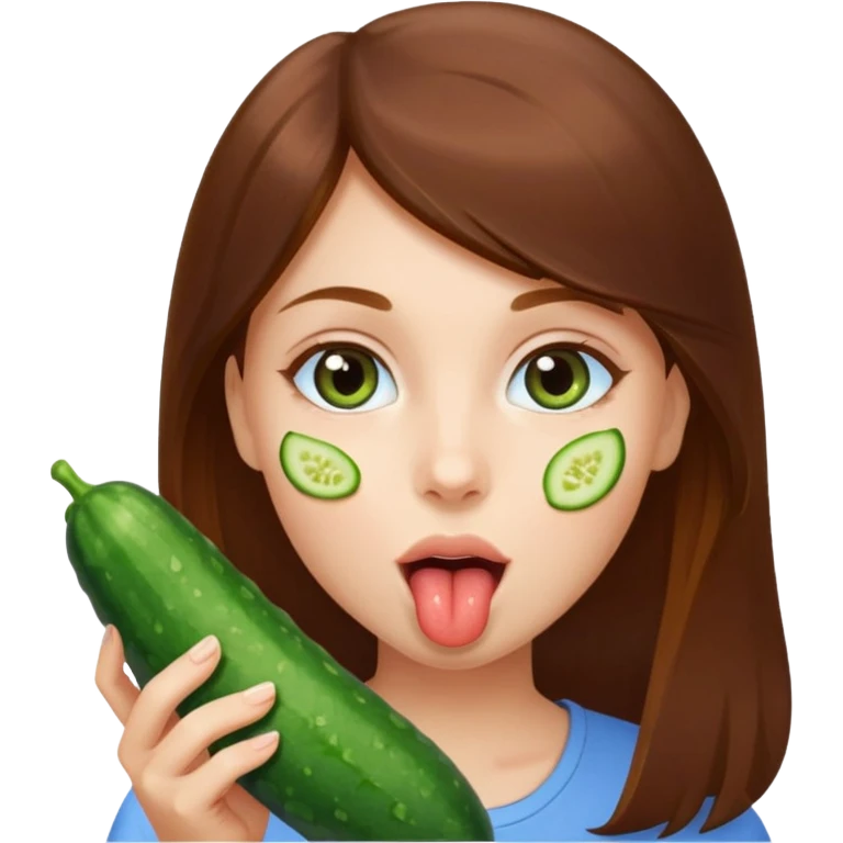 I want a brown hair blue eyes girl emoji, sucking a cucumber and holding two more in her hands. Make here licking a cucumber  emoji