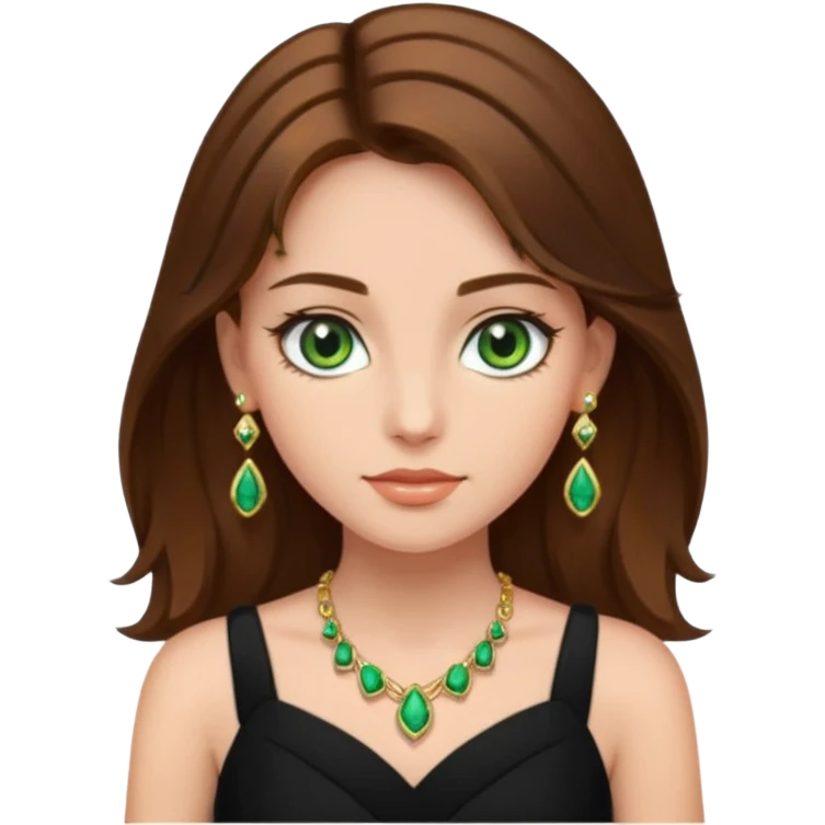 Μια κοπέλα καστανή με μαύρα ωραία ρουχα και σκουλαρίκια και κοσμήματα και βαμμένη ελαφρό και πράσινα μάτια τα κοσμήματα λίγα και χρυσα τα κοσμήματα να είναι λίγα και λεπτα και βαμμενοι emoji