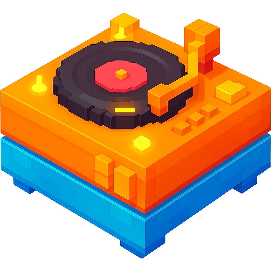 record player with a spinning vinyl, glowing details, and a retro aesthetic emoji