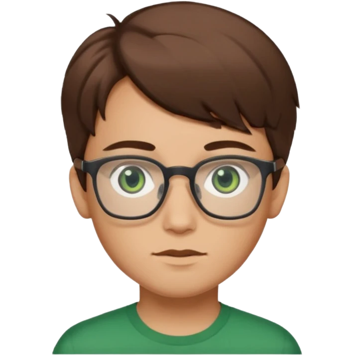 Garçon brun, des yeux verts foncés et des lunettes rectangulaires transparentes emoji