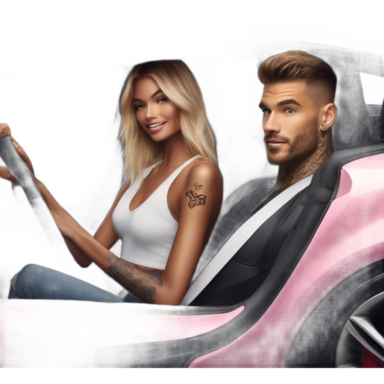 Photo of Victoria secret model driving in a sports car with a tattooed male model  emoji