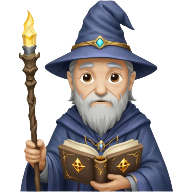 Old wizard with staff and glowing spellbook emoji