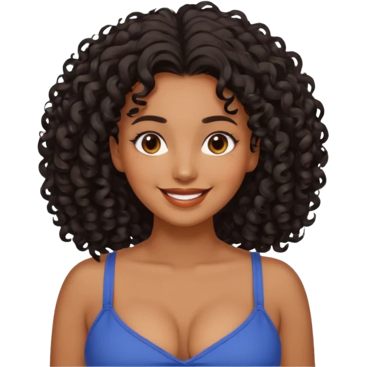 brown skinned lady with curly black hair, shoulder long hair, messy, nice curves, busty emoji