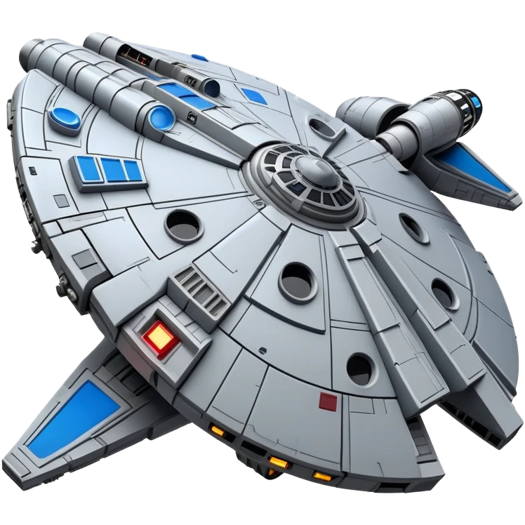 Millennium Falcon from Star Wars, emoji style, very detailed spaceship, three-quarter view, circular cockpit details, antenna, panels, blue rear lights, gray and metallic colors, characteristic oval shape, recognizable appearance emoji
