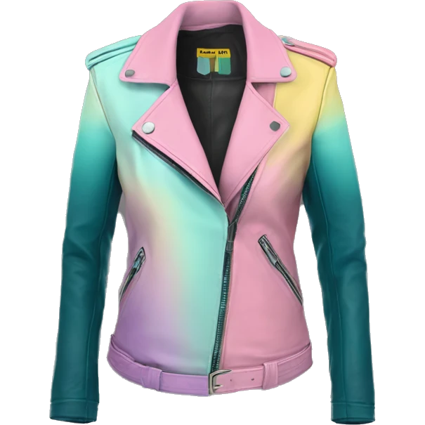 Realistic isolated side view of a pastel purple,dark teal,pastel yellow and pastel pink ombre open military style leather fashion jacket. emoji