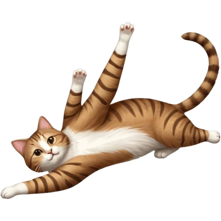 brown tabby and white cat with doing a big extremely long stretch reaching up into the air with arms and legs side by side together straight and overextended whilst lying on its side emoji