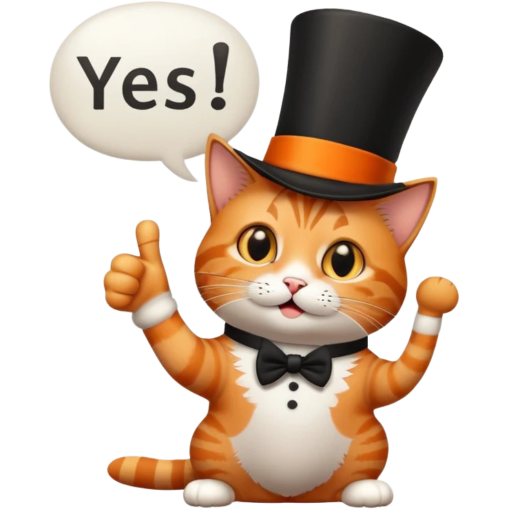 A tabby cat with a very tall top hat showing thumb ups with a speech bubble saying “Yes” emoji