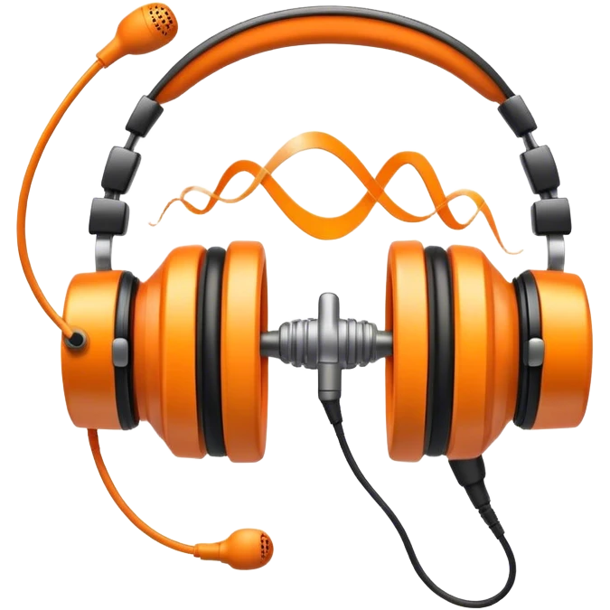 Create a dynamic and creative emoji that represents voiceover and dubbing. The design should feature a microphone, a pair of studio headphones, and sound waveforms to symbolize the recording and manipulation of voice. Add subtle details like a film reel or a speech bubble to represent the dubbing aspect. Use vibrant colors like orange, red, or purple to evoke energy and creativity in voiceover work. The background should be transparent. emoji