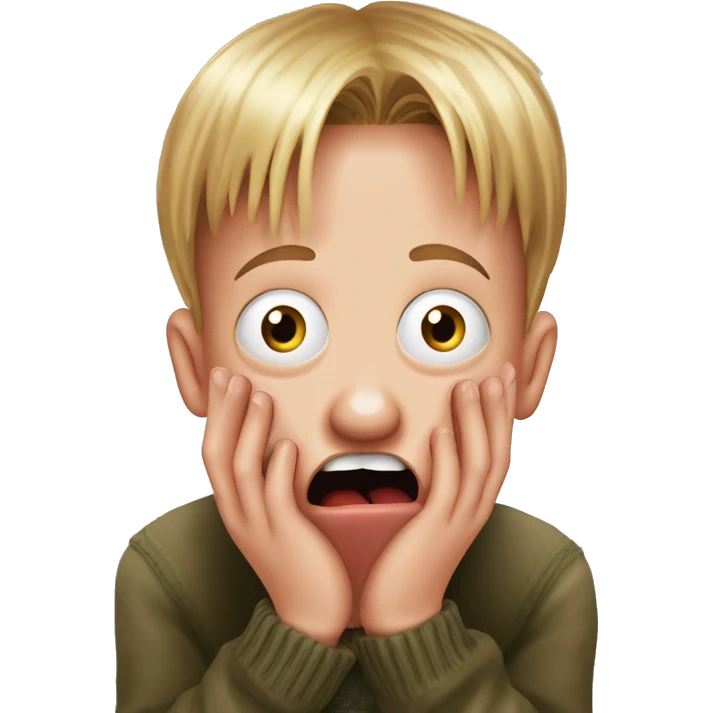 kevin McCallister from Home Alone, putting both hands on his face and screaming of fear. bring the hands down lik he is putting on his cheeks. emoji