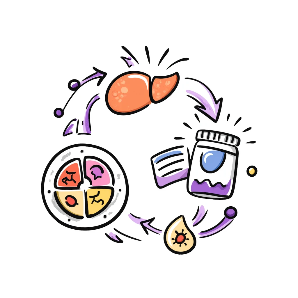 Anti-diabetic treatment diagram: orange liver, pink muscle cells, and yellow fat cells responding to blue anti-diabetic medication, with purple insulin pathways activated. Hand-drawn cross-section showing cellular absorption of red glucose particles and balanced blood sugar levels. emoji