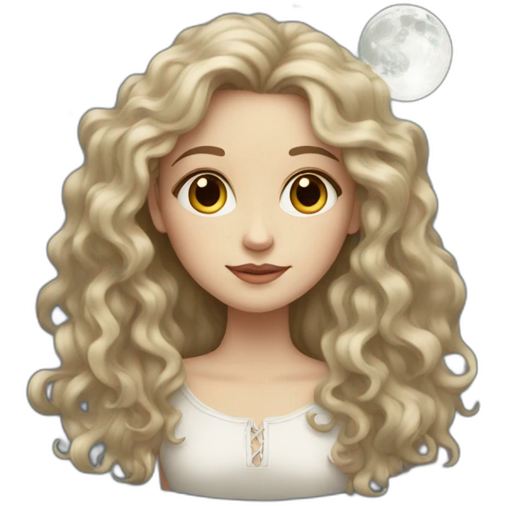 A white girl with long, semi-curly hair holding the moon emoji