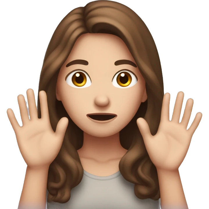 White girl with brown hair scared with hands on side of face emoji