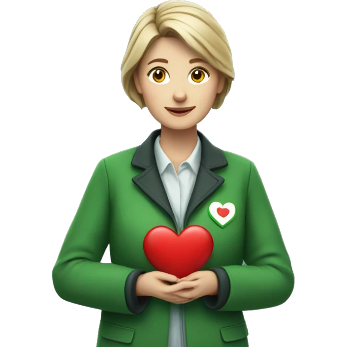 A European female teacher in a green jacket holds a heart in her hands emoji