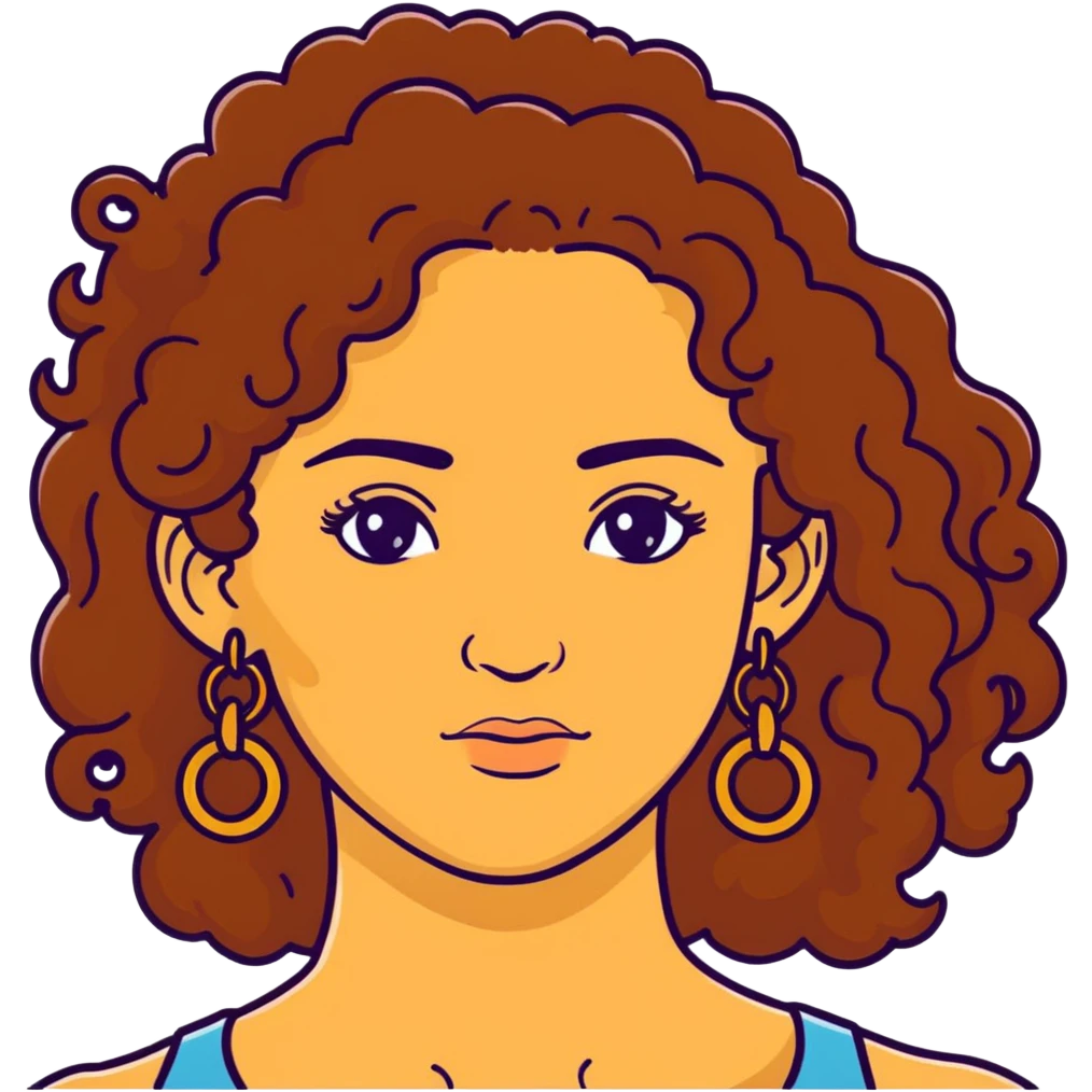 Attractive Greek woman with freckles, long curly amber-brown hair, gold hoop earrings and small necklace emoji