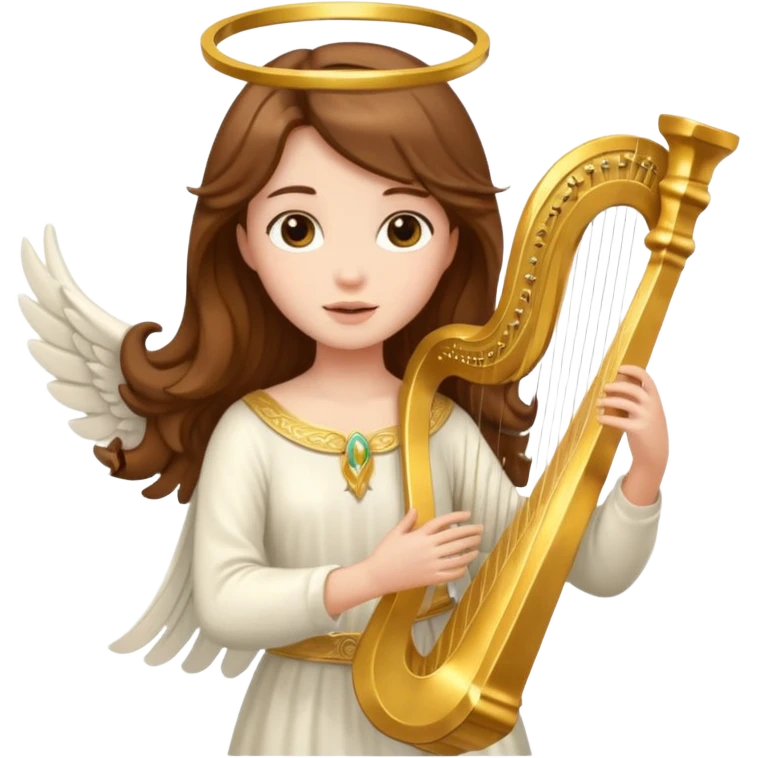 Female angel holding harp with flowing brown hair emoji