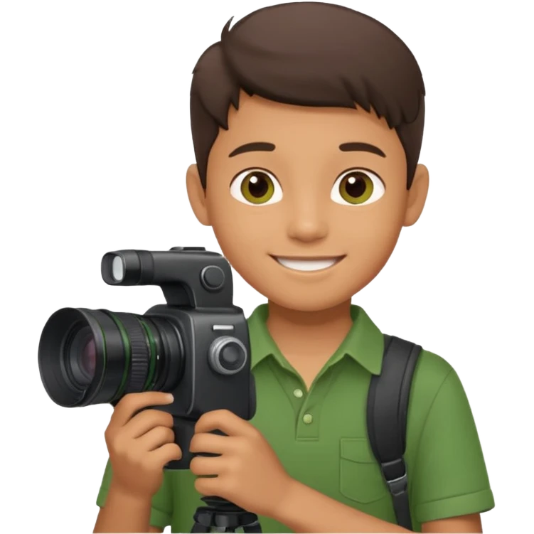 young boy cameraman hold a camera, green emoji