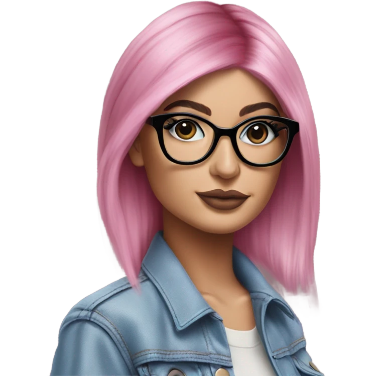 Photo Realistic kylie jenner stylish pink hair BLUE eyes and glasses posing  emoji