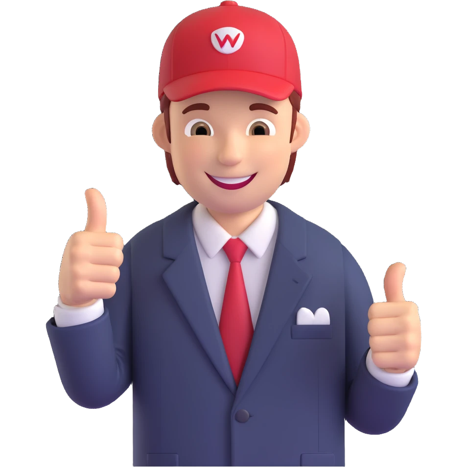 Edit the image of a smiling man in a pinstripe suit and red cap giving a thumbs up, keeping the 60% realistic emoji style as in the reference photo, but make the background transparent. emoji