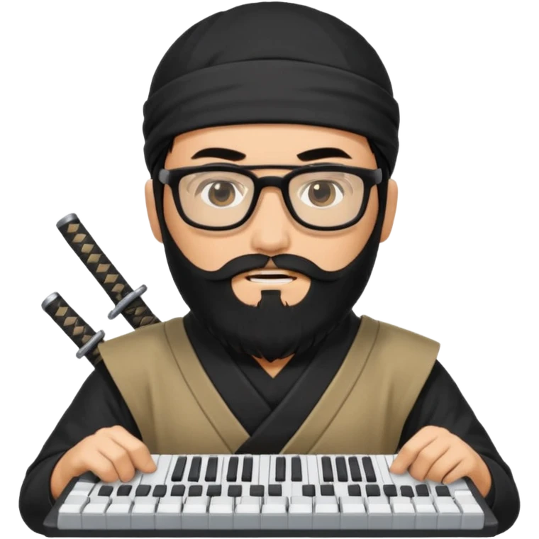 Man with black hair and beard wearing glasses in a ninja costume. Keep the top left version, make the beard longer and replace the sword with a keyboard  emoji