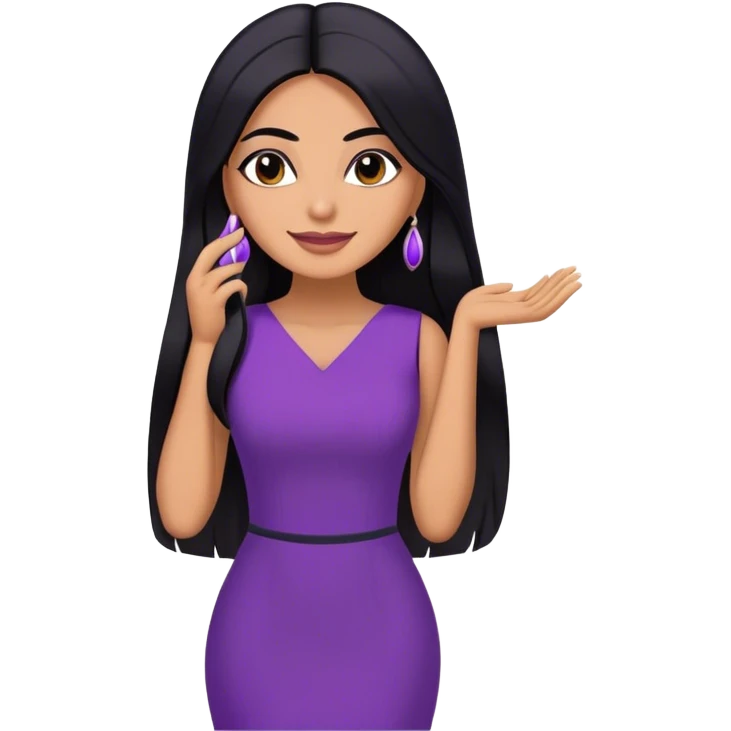 beautiful woman boss, with long straight black hair, with make up, black eye liner, smile, mexican, brown skin, wearing purple dress, she stand up, she replace hair behind her ear emoji