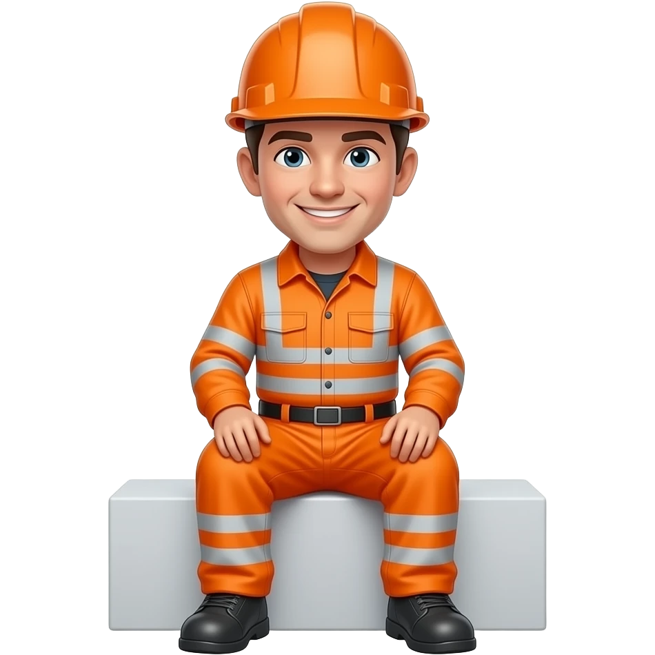 engineer sitting in full hi vis orange overalls, orange helmet, looking happy emoji