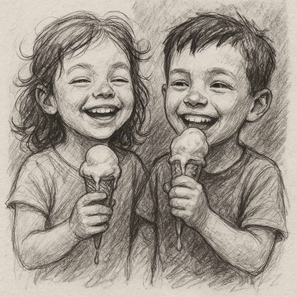 happy children with melting ice cream cones emoji