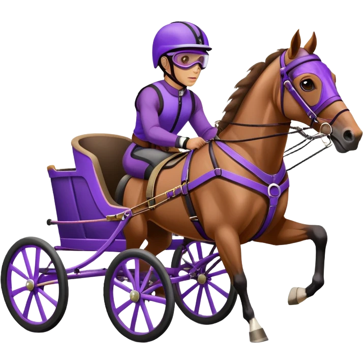 A brown harness racing horse. The sulky, a lightweight two-wheeled cart, is painted in black and attached to the horse’s harness. A driver, dressed in purple, is seated in the sulky, wearing a purple helmet with goggles. emoji