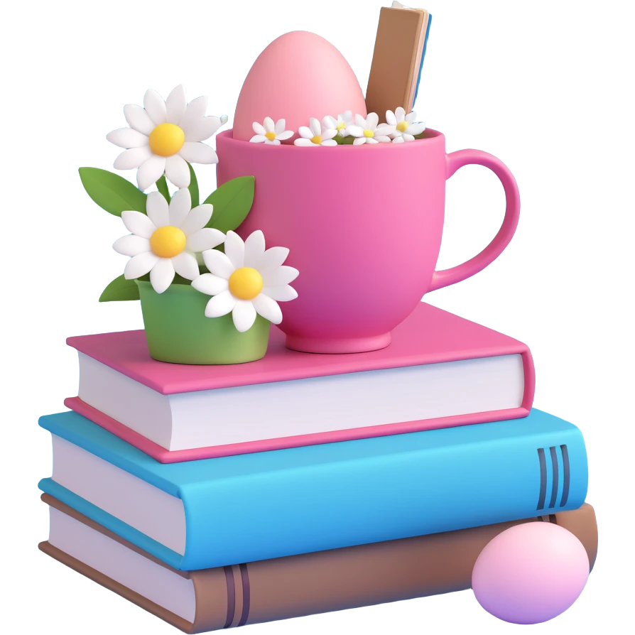 pink cup with white flowers on it, placed on top of two books. The top book is light brown with a ribbon bookmark, and the bottom book is light blue with a pink and white egg on the cover emoji