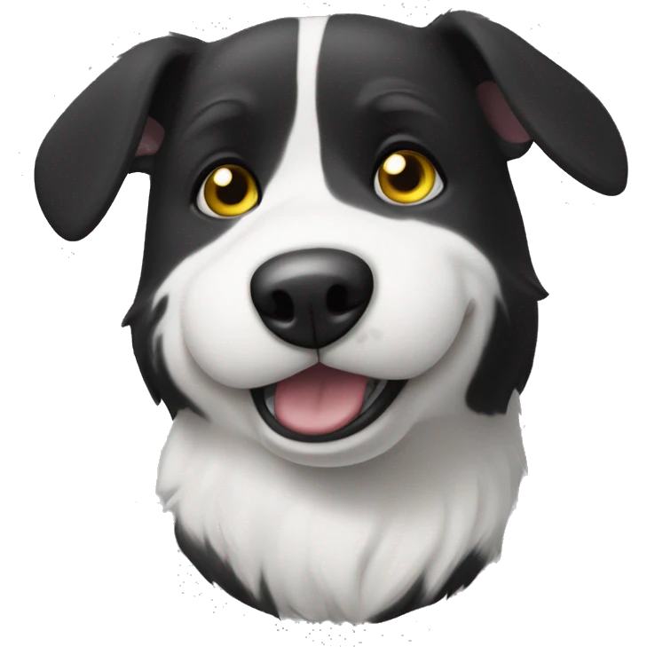 Black and white dog with one slightly floppy ear, and one year higher. She has a yellow collar with a round tag. Her mouth is closed. emoji