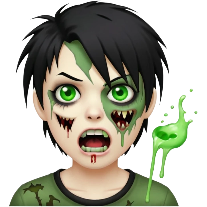  emo zombie black punk hair with cuts on face and open mouth with fluid coming out of mouth emoji