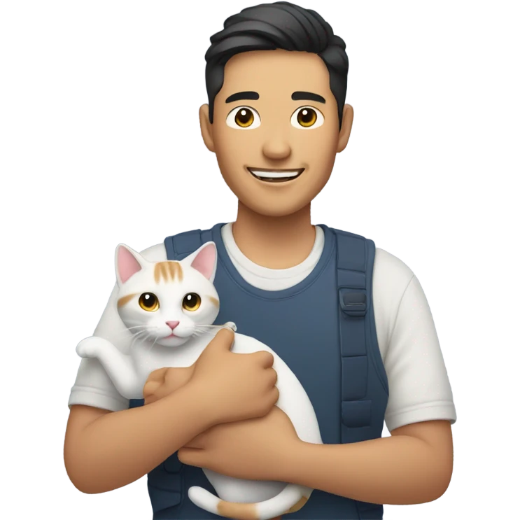 Asian man with cat in hands smiling  emoji