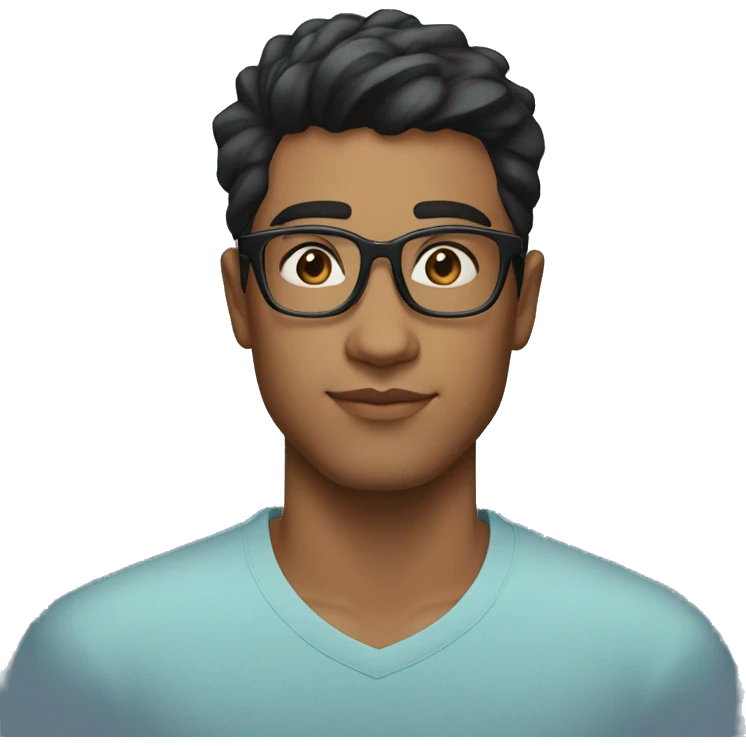 23 year old, brown man, black hair taper fade haircut, clear rectangular glasses, wide head, blue shirt emoji