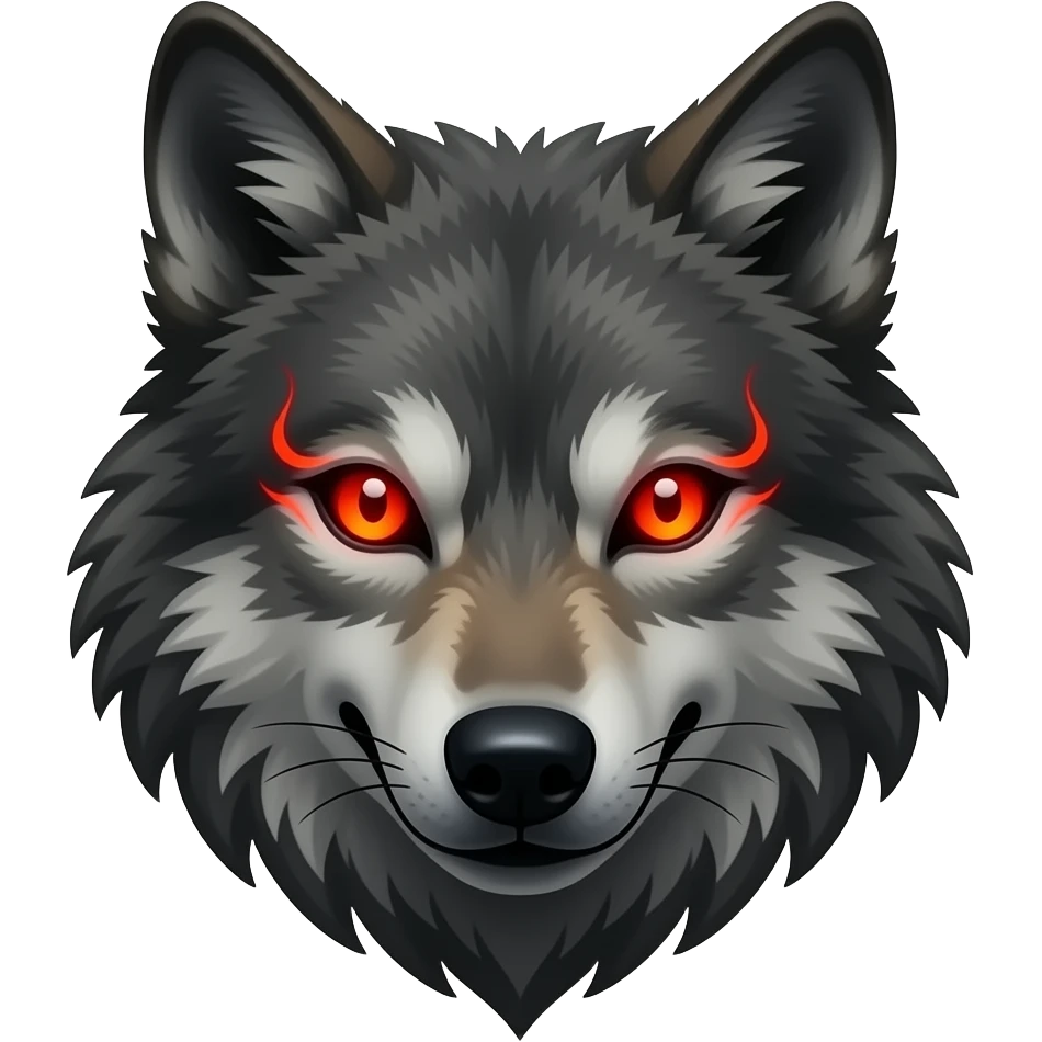 Dark and back Sinister hellhound wolf head with fiery red eyes. Fantasy emoji