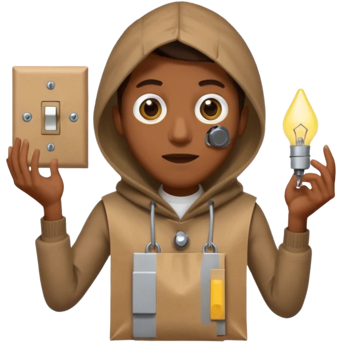 guy with a paper bag with eye holes on his head holding a light switch emoji