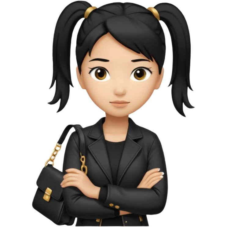 A girl with a pony tail black hair and Asian tan skin, Asian eyes, with a black jacket and a black purse with arms crossed  emoji
