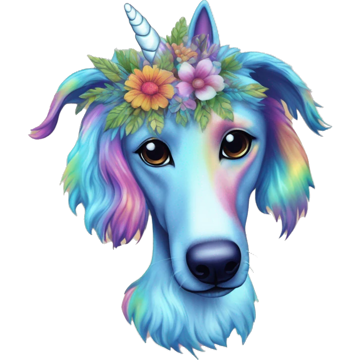 Multicolored rainbow retro groovy tie dye hippie trippy floral patterns on a metallic holographic iridescent blue dog face head unicorn emoji