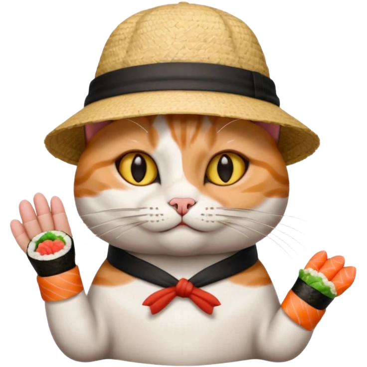 cat with its fingers crossed wearing a hat made out of sushi emoji