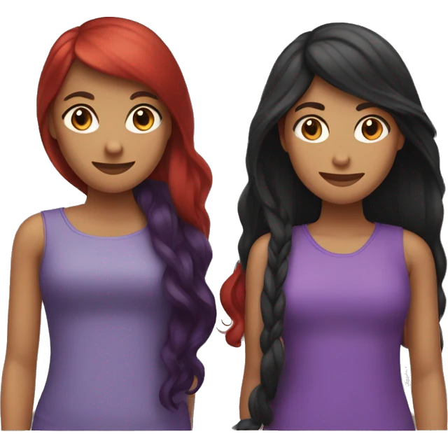 “Create an emoji with three girl friends: one with short purple-red hair, another with long black hair, and the third with long red hair.” emoji