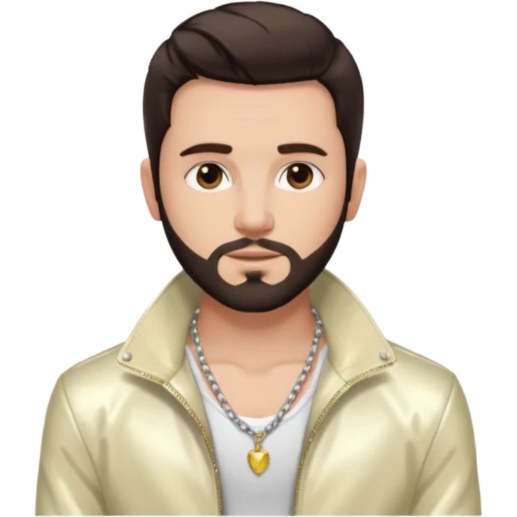 Frankie Zulferino, Pop Singer (b.1990) with dark brown hair and short beard, ivory metallic jacket, shirtless with necklace emoji
