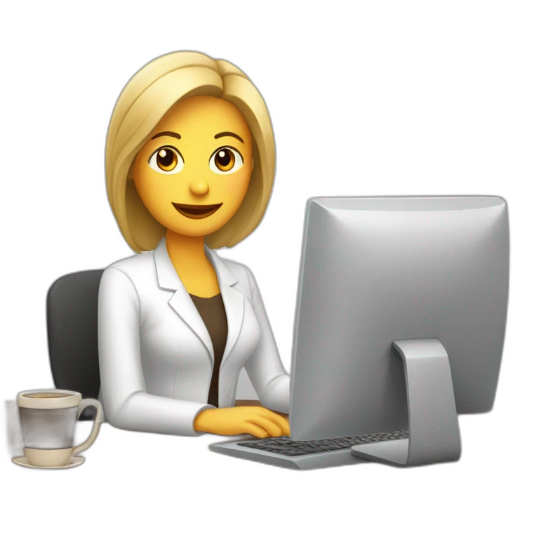 mujer blanca cachetona con cabello cafe e iluminaciones trabajando en el computador emoji