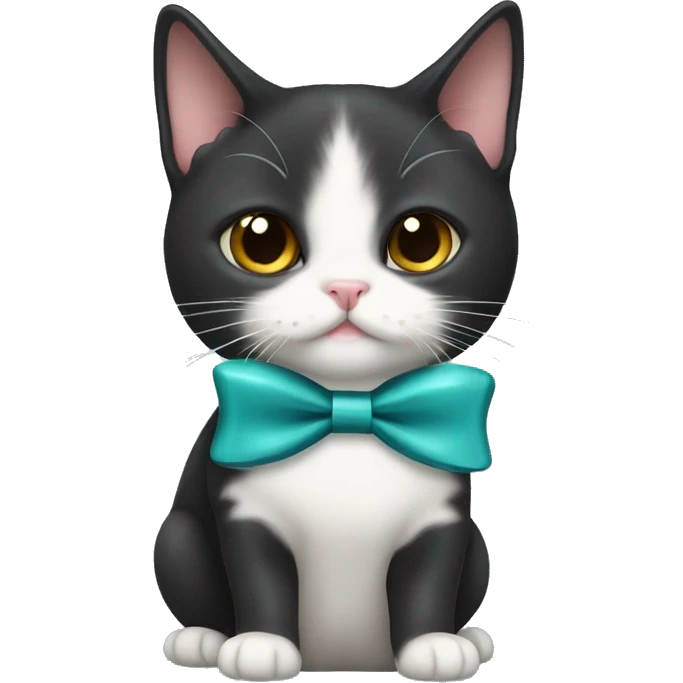 Black munchkin cat with a bow holding a sardine emoji