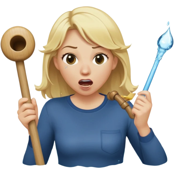 blond woman biting a wide stick with a D-shaped knob, both the same color as her skin, the knob has visible skin texture, the stick coming out of a pair of pants hanging nearby, water jet shooting from the flat side of the knob into her mouth, surprised look emoji